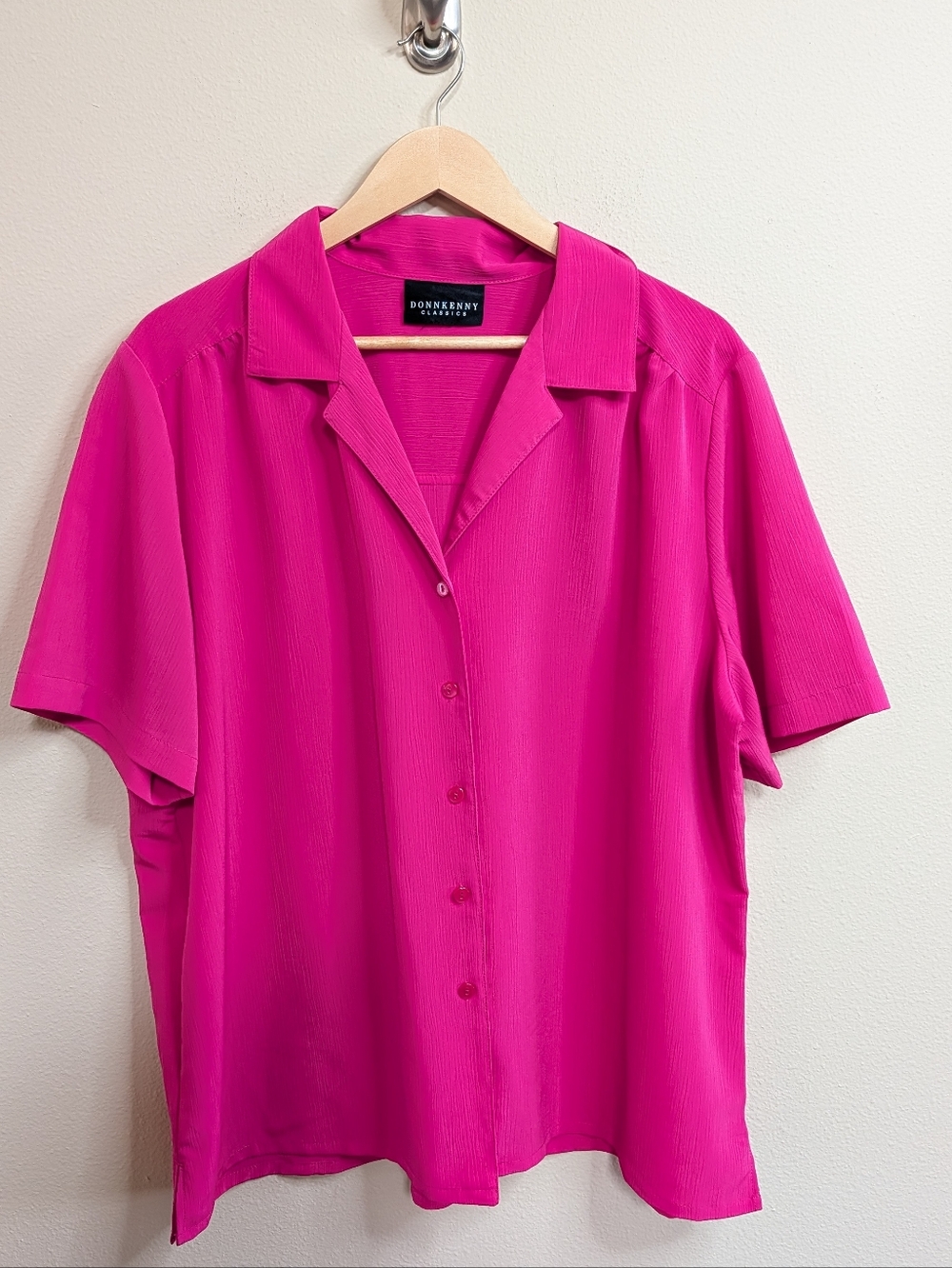 Vintage Donnkenny Classics Blouse 2X Hot Pink Short Sleeve Button Down